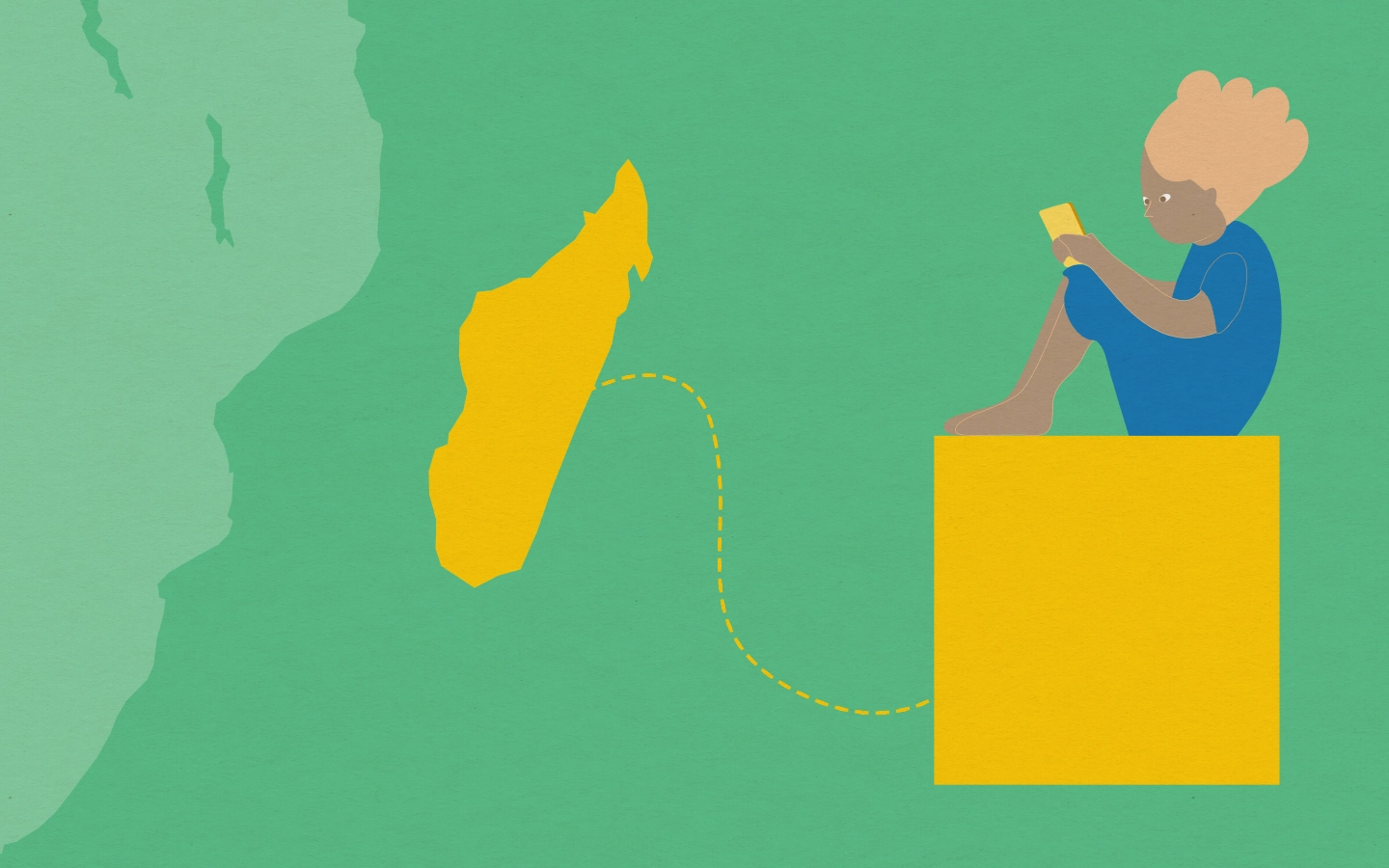 Map with location points, one point is magnified and a person is sitting there with a mobile phone.